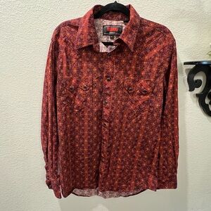 Rock & Roll Denim Blaze Red Button Snap Western Long Sleev Shirt Sz L Modern Fit
